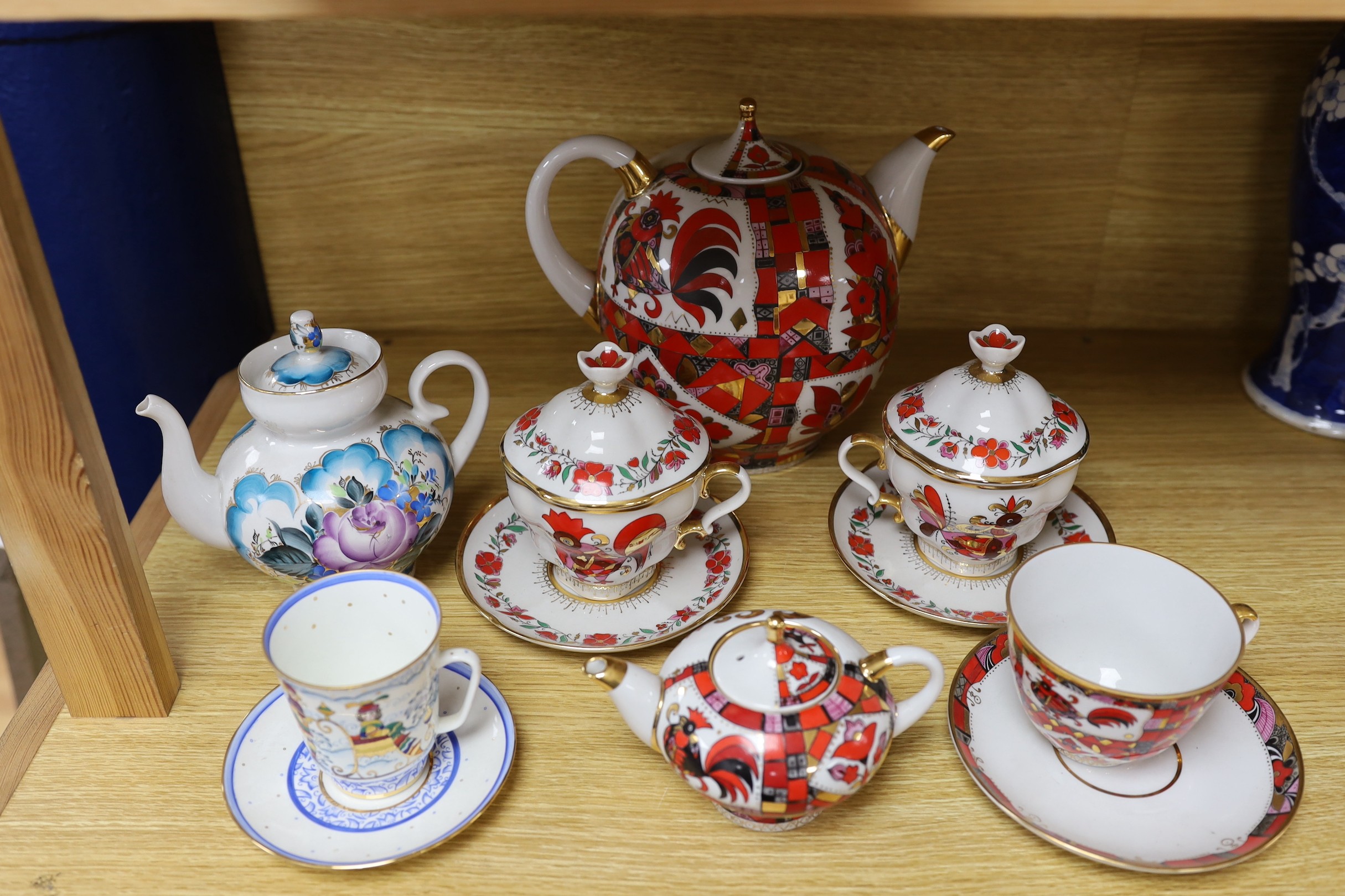 A group Russian Lomonosov teawares, 1990s, largest teapot 21cm high